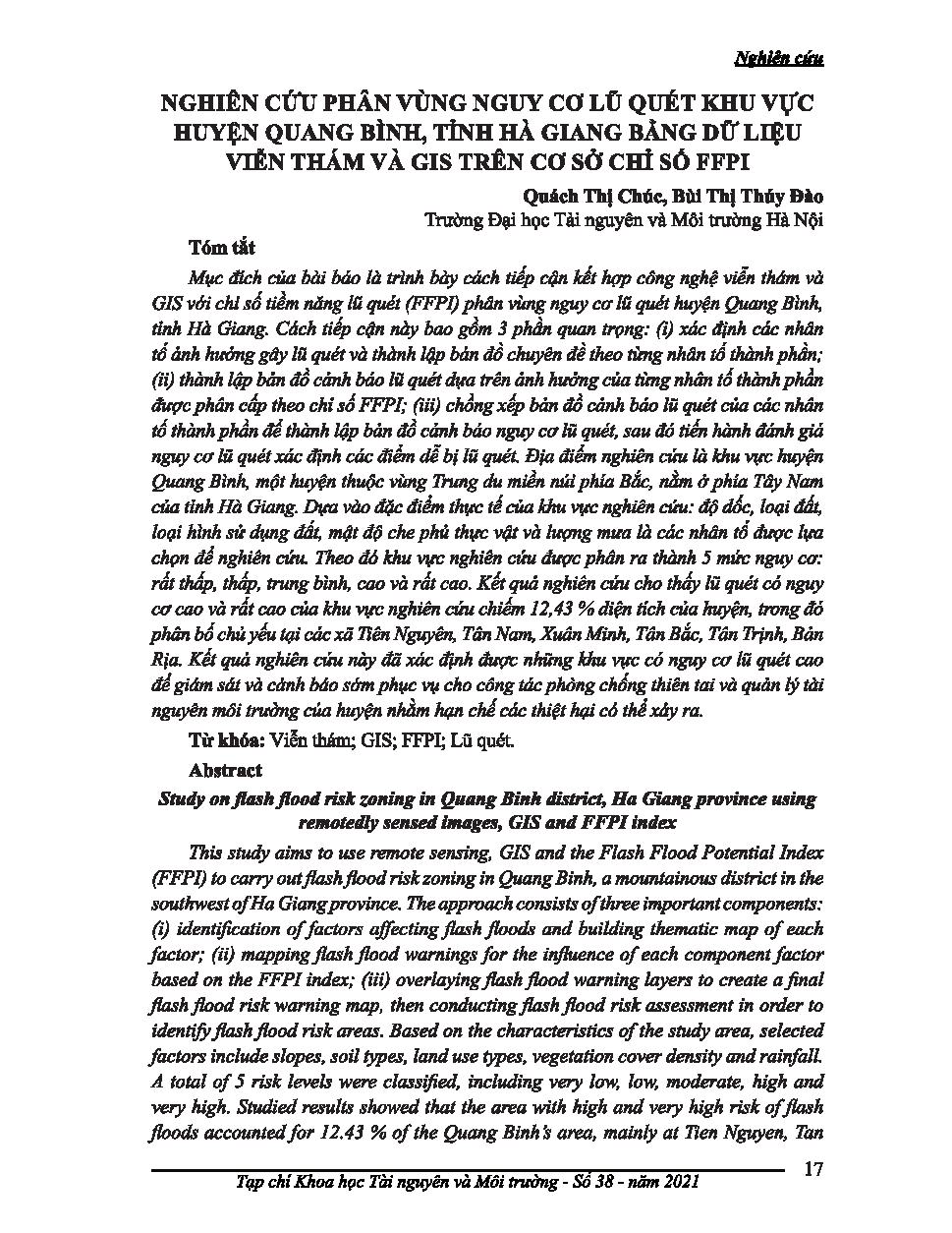 Nghiên cứu phân vùng nguy cơ lũ quét khu vực huyện Quang Bình, tỉnh Hà Giang bảng dữ liệu viễn thám và Gis trên cơ sở chỉ số FFPI = Study on flash flood risk zoning in Quang Binh district, Ha Giang province using remotedly sensed images, GIS and FFPI index