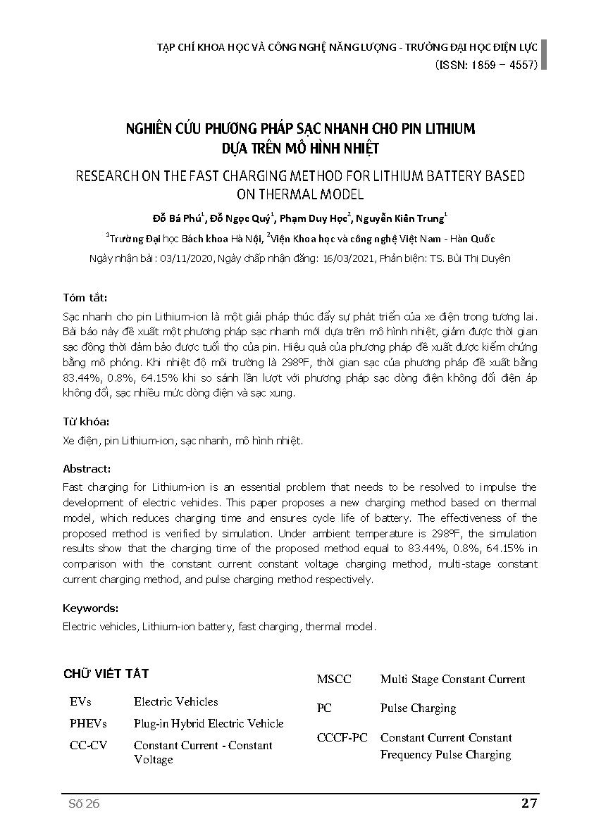 Nghiên cứu phương pháp sạc nhanh cho pin lithium dựa trên mô hình nhiệt = Research on the fast charging method for lithium battery based on thermal model