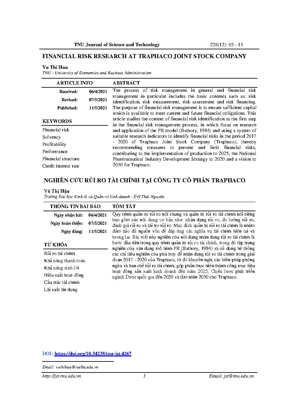 Nghiên cứu rủi ro tài chính tại công ty cổ phần traphaco = Financial risk research at traphaco joint stock company