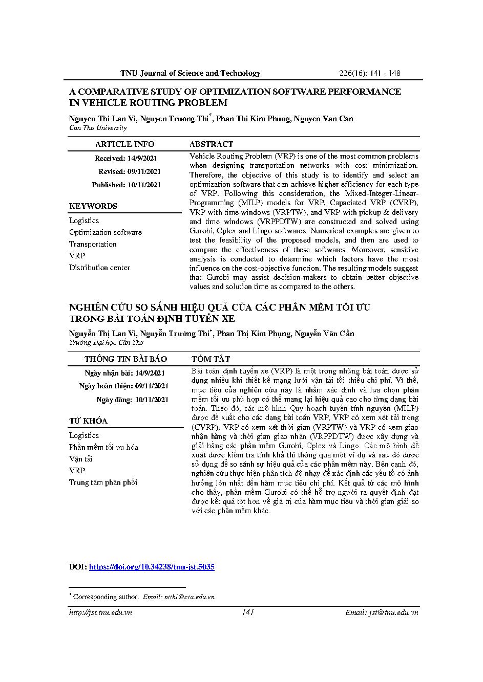 Nghiên cứu so sánh hiệu quả của các phần mềm tối ưu trong bài toán định tuyến xe = A comparative study of optimization software performance in vehicle routing problem