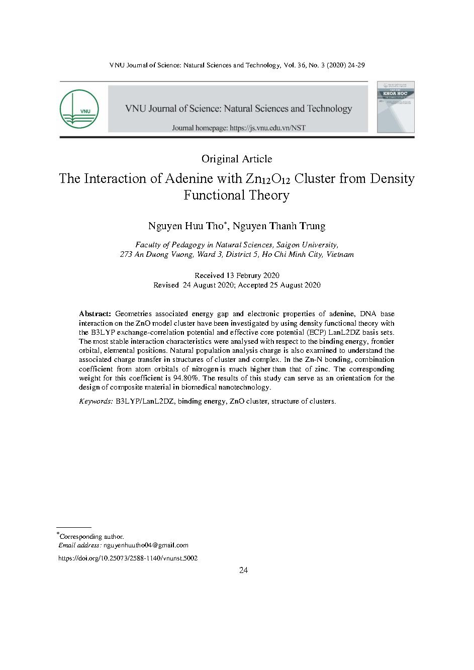 Nghiên cứu sự tương tác adenine với cluster Zn12O12 bằng phương pháp phiếm hàm mật độ = The interaction of adenine with Zn12O12 cluster from density functional theory