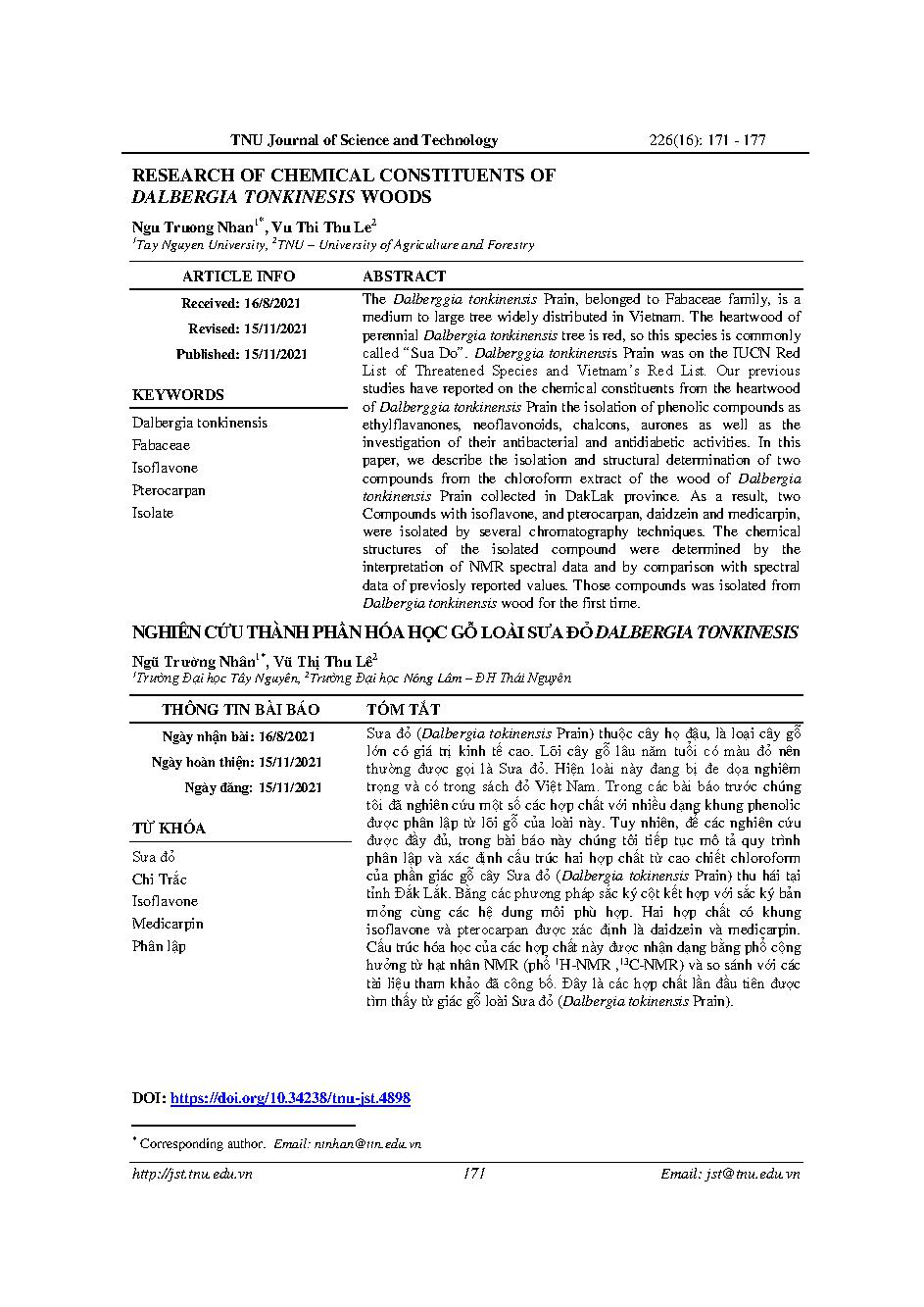 Nghiên cứu thành phần hóa học gỗ loài sưa đỏ dalbergia tonkinesis = Research of chemical constituents of dalbergia tonkinesis woods