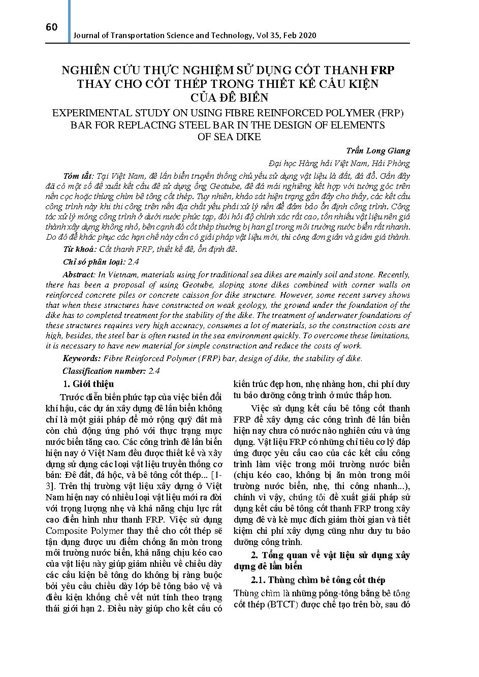 Nghiên cứu thực nghiệm sử dụng thanh FRP thay cho cốt thép trong thiết kế cấu kiện của đê biển = Experimental study on using fibre reinforced polymer (FRP) bar for replacing steel bar in the design of elements of sea dike