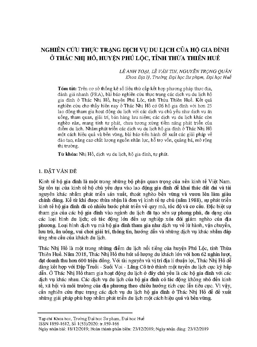Nghiên cứu thực trạng dịch vụ du lịch của hộ gia đình ở thác Nhị Hồ, huyện Phú Lộc, tỉnh Thừa Thiên Huế = Study of the situation of household tourism services in Nhi Ho waterfall, Phu Loc district, Thua Thien Hue province