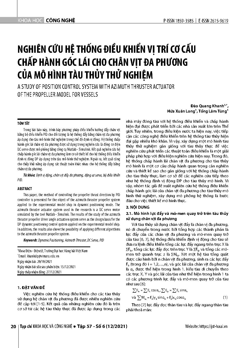 Nghiên cứu tổng hợp hệ điều khiển vị trí cơ cấu chấp hành góc lái cho chân vịt đa phương của mô hình tàu thủy thử nghiệm = A study of position control system with azimuth thruster actuator of the propeller model for vessels