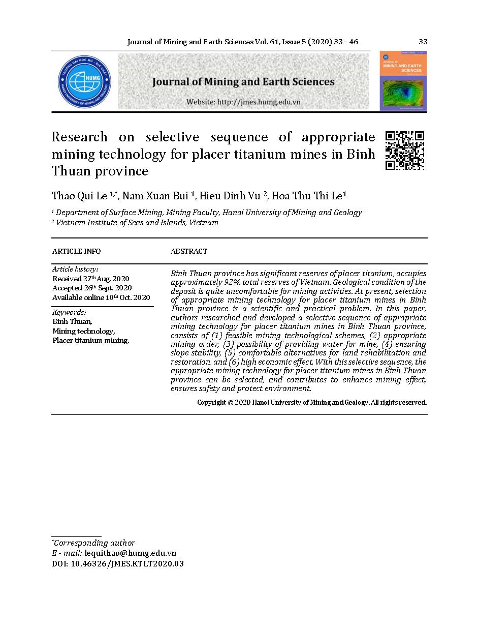 Nghiên cứu trình tự lựa chọn công nghệ khai thác phù hợp cho các mỏ titan sa khoáng ven biển tỉnh Bình Thuận = Research on selective sequence of appropriate mining technology for placer titanium mines in Binh Thuan province