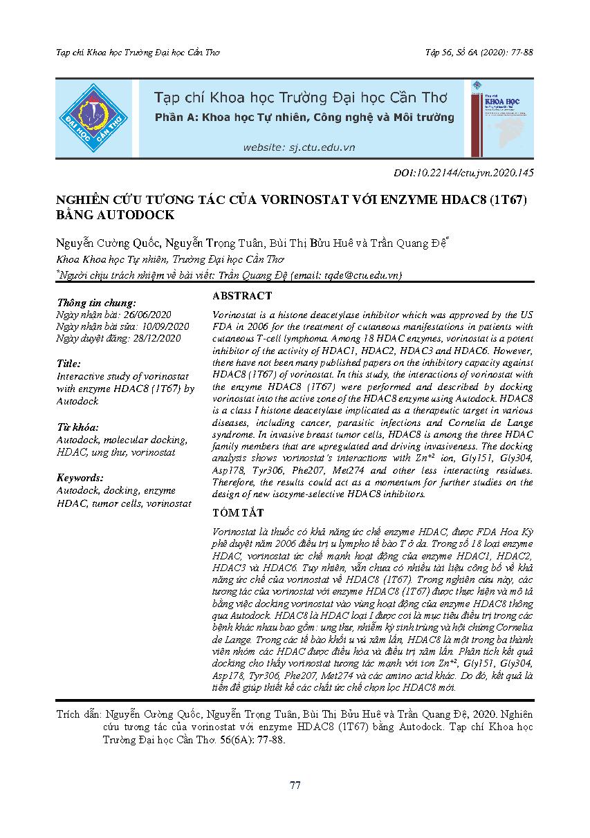 Nghiên cứu tương tác của vorinostat với enzyme HDAC8 (1T67) bằng Autodock = Interactive study of vorinostat with enzyme HDAC8 (1T67) by Autodock