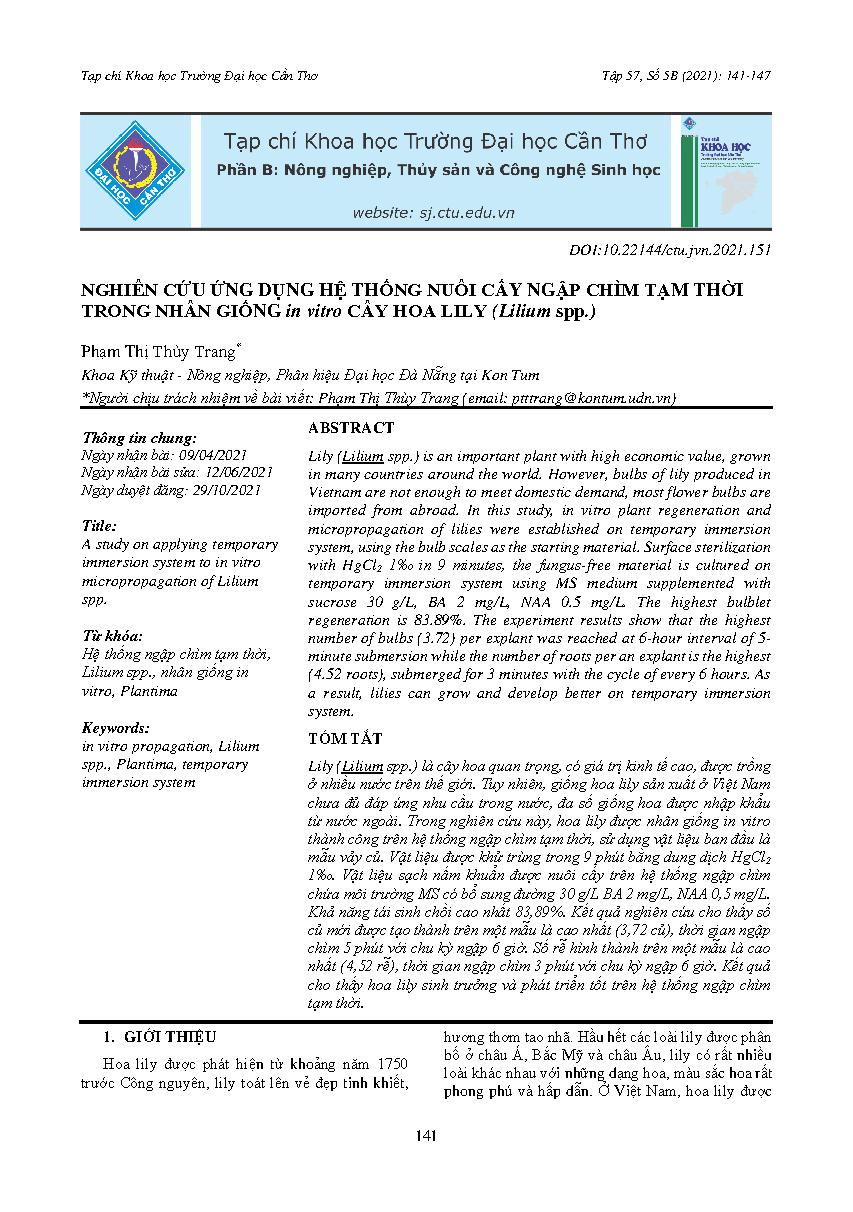 Nghiên cứu ứng dụng hệ thống nuôi cấy ngập chìm tạm thời trong nhân giống in vitro cây hoa lily (Lilium spp.) = A study on applying temporary immersion system to in vitro micropropagation of Lilium spp.