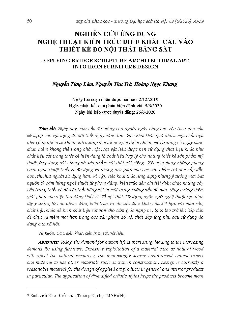 Nghiên cứu ứng dụng nghệ thuật kiến trúc điêu khắc cầu vào thiết kế đồ nội thất bằng sắt = Applying bridge sculpture architectural art into iron furniture design