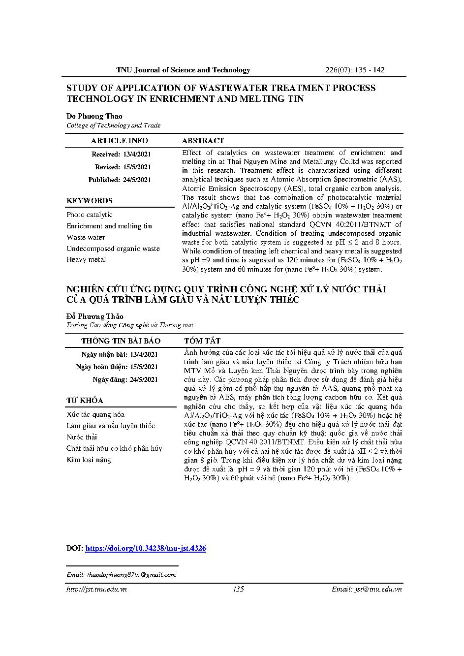 Nghiên cứu ứng dụng quy trình công nghệ xử lý nước thải của quá trình làm giàu và nấu luyện thiếc = Study of application of wastewater treatment process technology in enrichment and melting tin