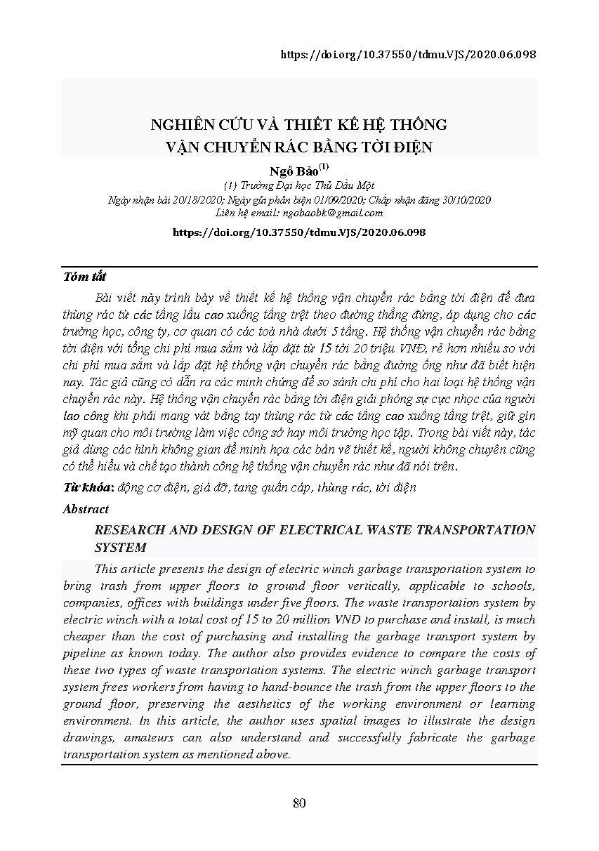 Nghiên cứu và thiết kế hệ thống vận chuyển rác bằng tời điện = Research and design of electrical waste transportation system