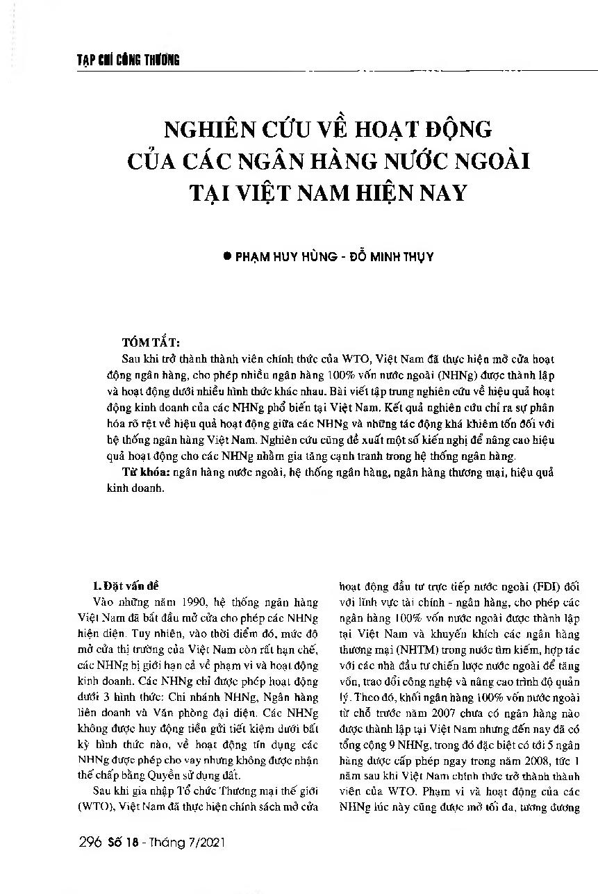 Nghiên cứu về hoạt động của các ngân hàng nước ngoài tại Việt Nam hiện nay = A research on the business performance of foreign banks in Vietnam
