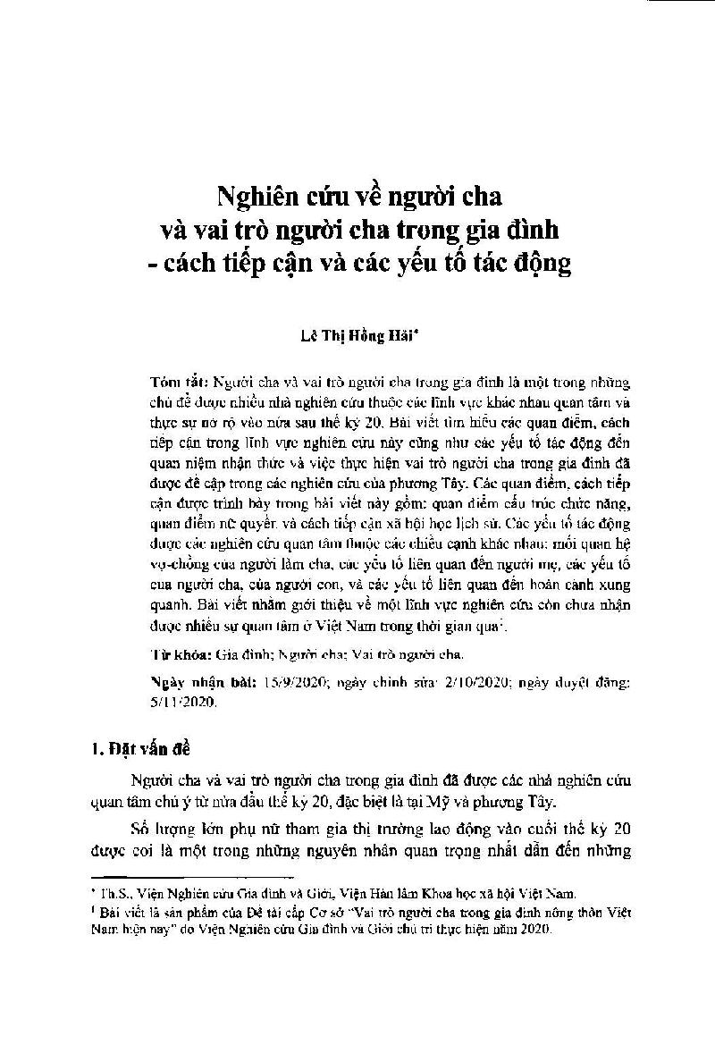 Nghiên cứu về người cha và vai trò người cha trong gia đình - cách tiếp cận và các yếu tố tác động = Father and Paternal Role in the Family - A Review of Approaches and Impact Factors
