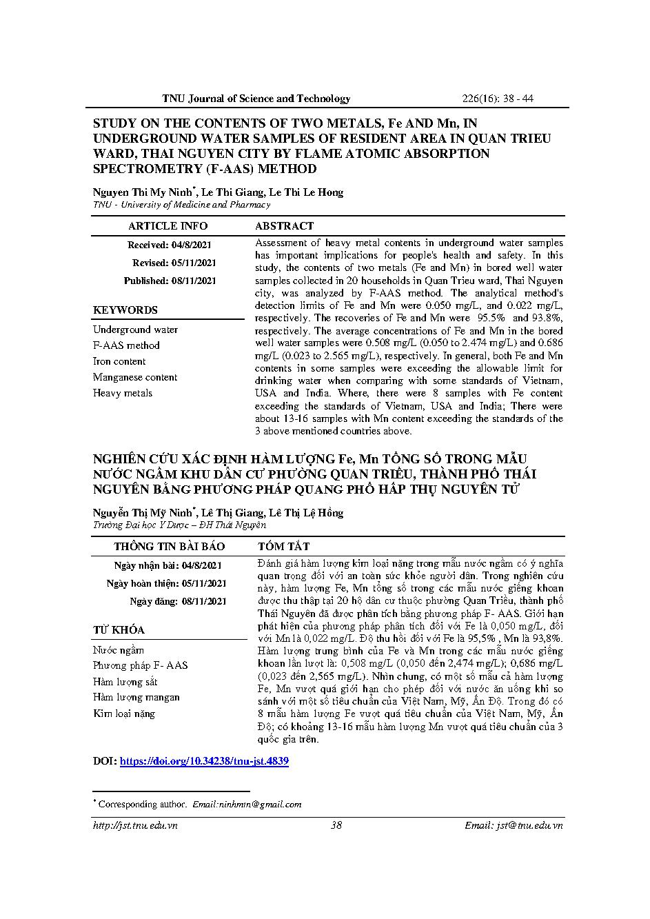 Nghiên cứu xác định hàm lượng Fe, Mn tổng số trong mẫu nước ngầm khu dân cư phường quan triều, thành phố Thái Nguyên bằng phương pháp quang phổ hấp thụ nguyên tử = Study on the contents of two metals, fe and mn, in underground water samples of resident area in quan trieu ward, thai nguyen city by flame atomic absorption spectrometry (f-aas) method