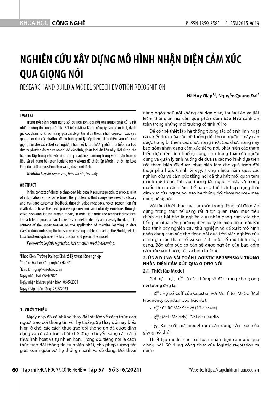Nghiên cứu xây dựng mô hình nhận diện cảm xúc qua giọng nói = Research and build a model speech emotion recognition