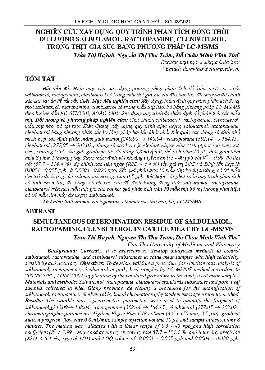 Nghiên cứu xây dựng quy trình phân tích đồng thời dư lượng salbutamol, ractopamine, clenbuterol trong thịt gia súc bằng phương pháp lc-ms/ms = SIMULTANEOUS DETERMINATION RESIDUE OF SALBUTAMOL, RACTOPAMINE, CLENBUTEROL IN CATTLE MEAT BY LC-MS/MS