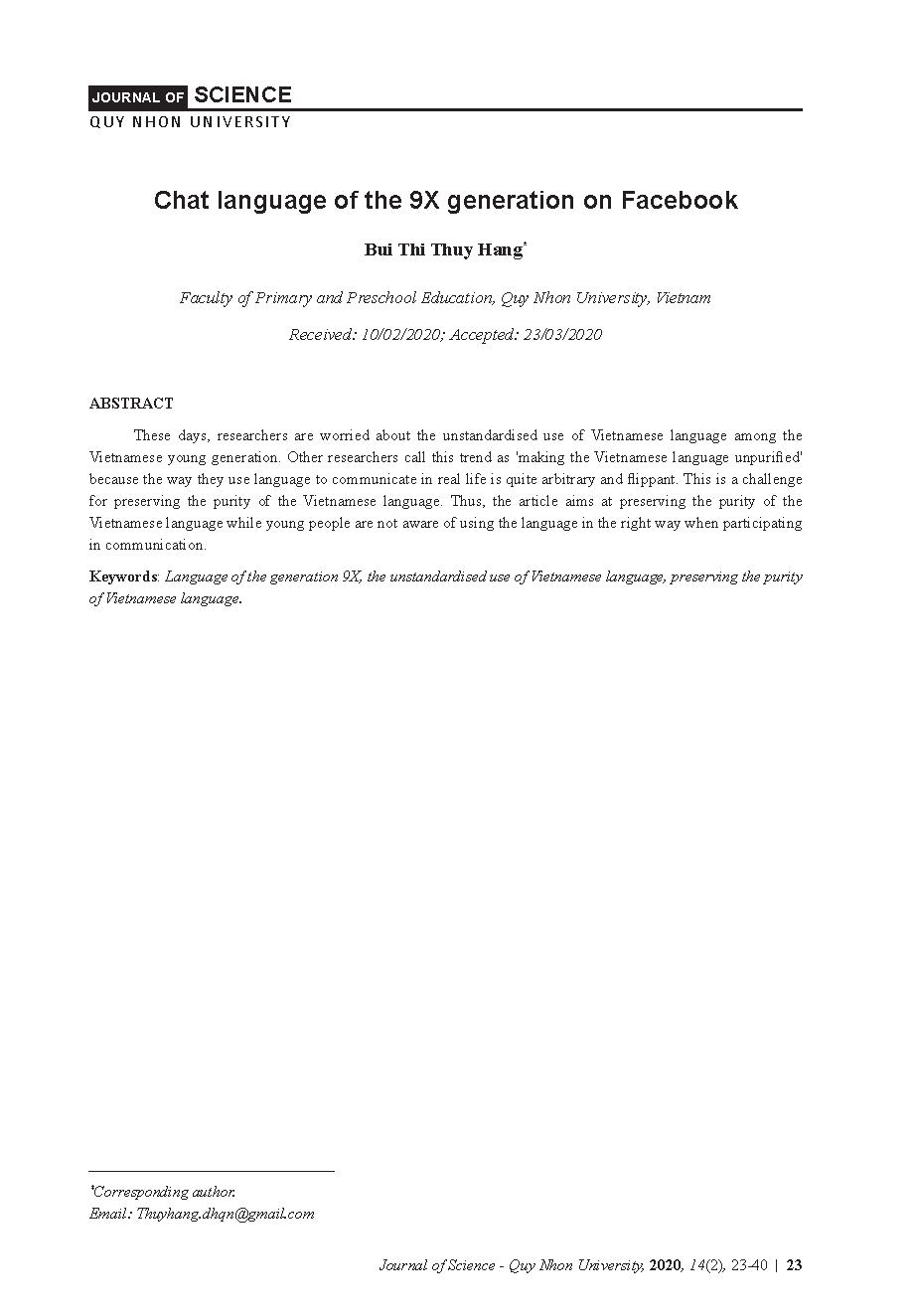 Ngôn ngữ “chat” trên facebook của giới trẻ 9X = Chat language of the 9X generation on Facebook