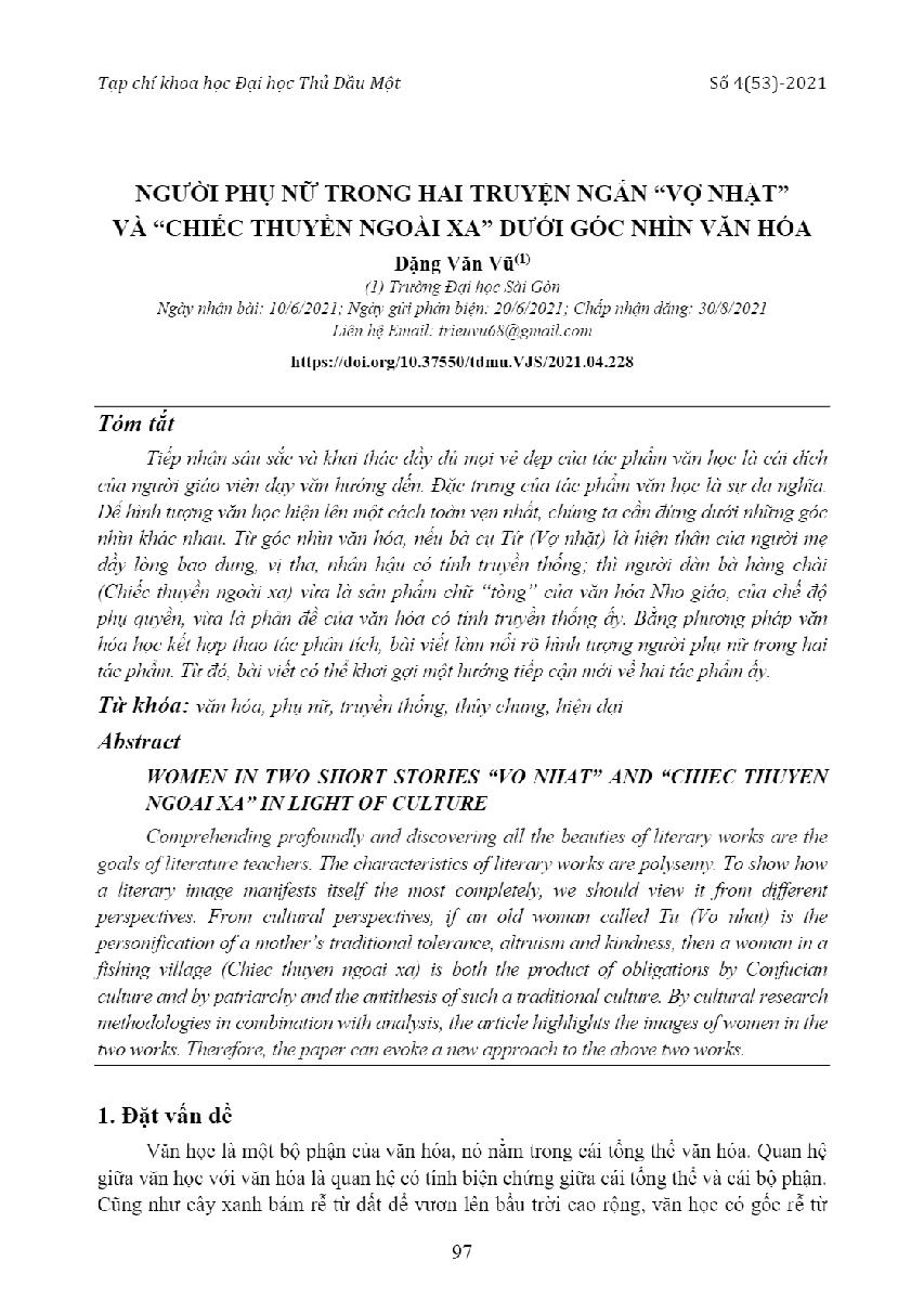 Người phụ nữ trong hai truyện ngắn “Vợ nhặt” và “Chiếc thuyền ngoài xa” dưới góc nhìn văn hóa = Women in two short stories “vo nhat” and “chiec thuyen ngoai xa ” in light of culture