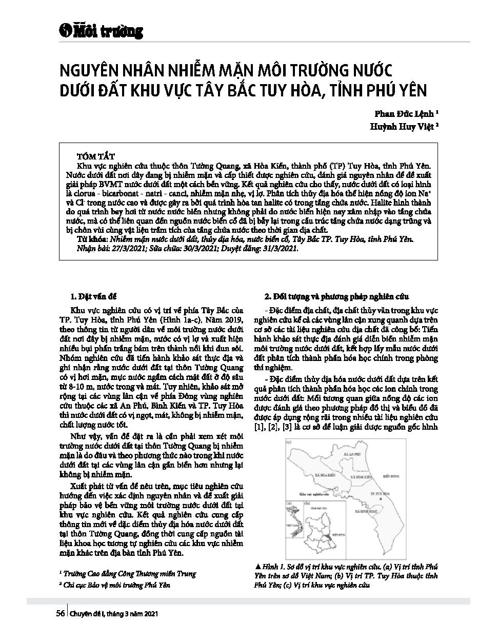 Nguyên nhân nhiễm mặn môi trường nước dưới đất khu vực lầy Bắc Tuy Hòa, tỉnh Phú Yên = Salinization causes in groundwater environment of northweatern Tuy Hoa city, Phu Yen province