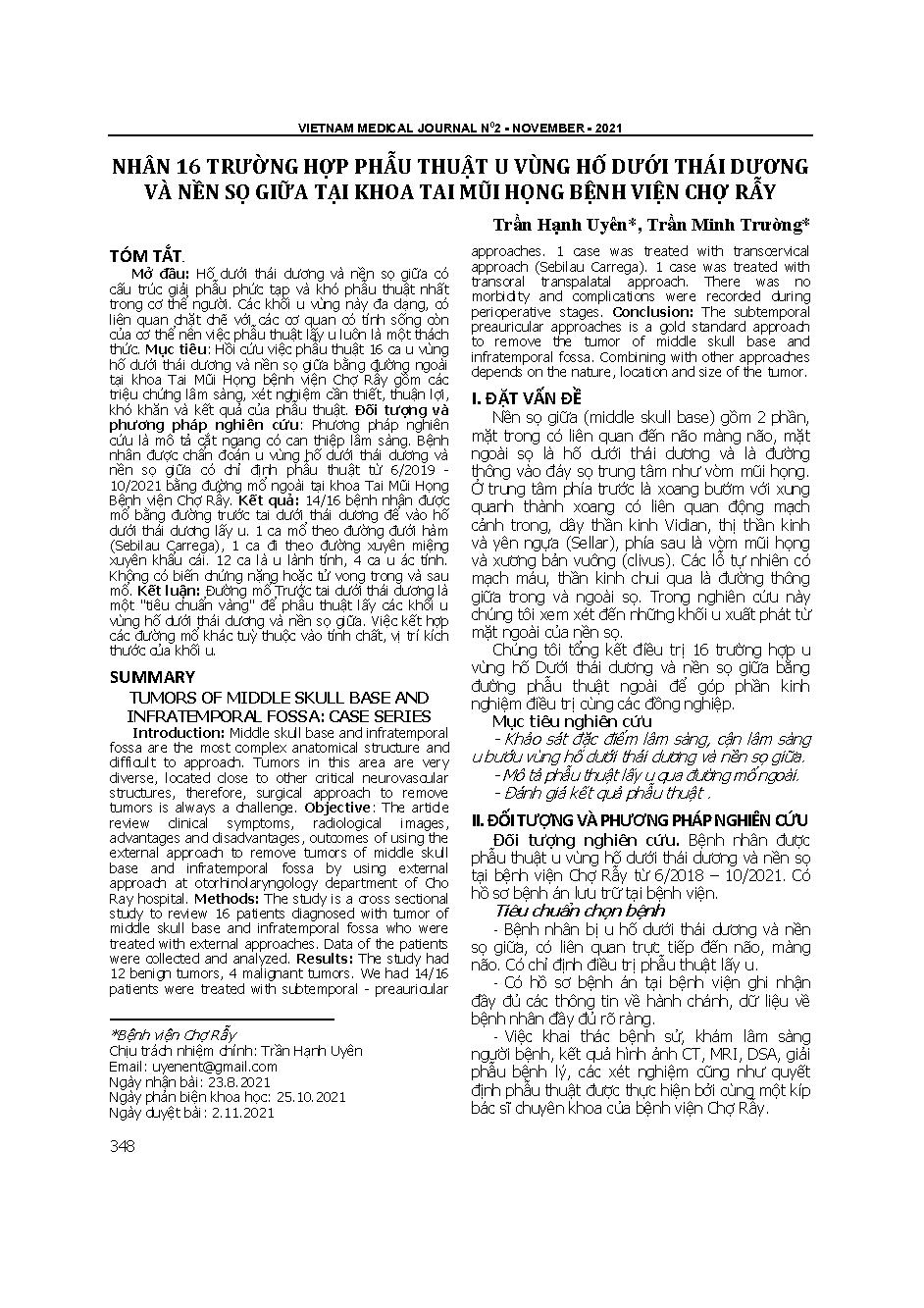 Nhân 16 trường hợp phẫu thuật u vùng hố dưới thái dương và nền sọ giữa tại Khoa Tai mũi họng, Bệnh viện Chợ Rẫy = Tumors of middle skull base and infratemporal fossa: Case series