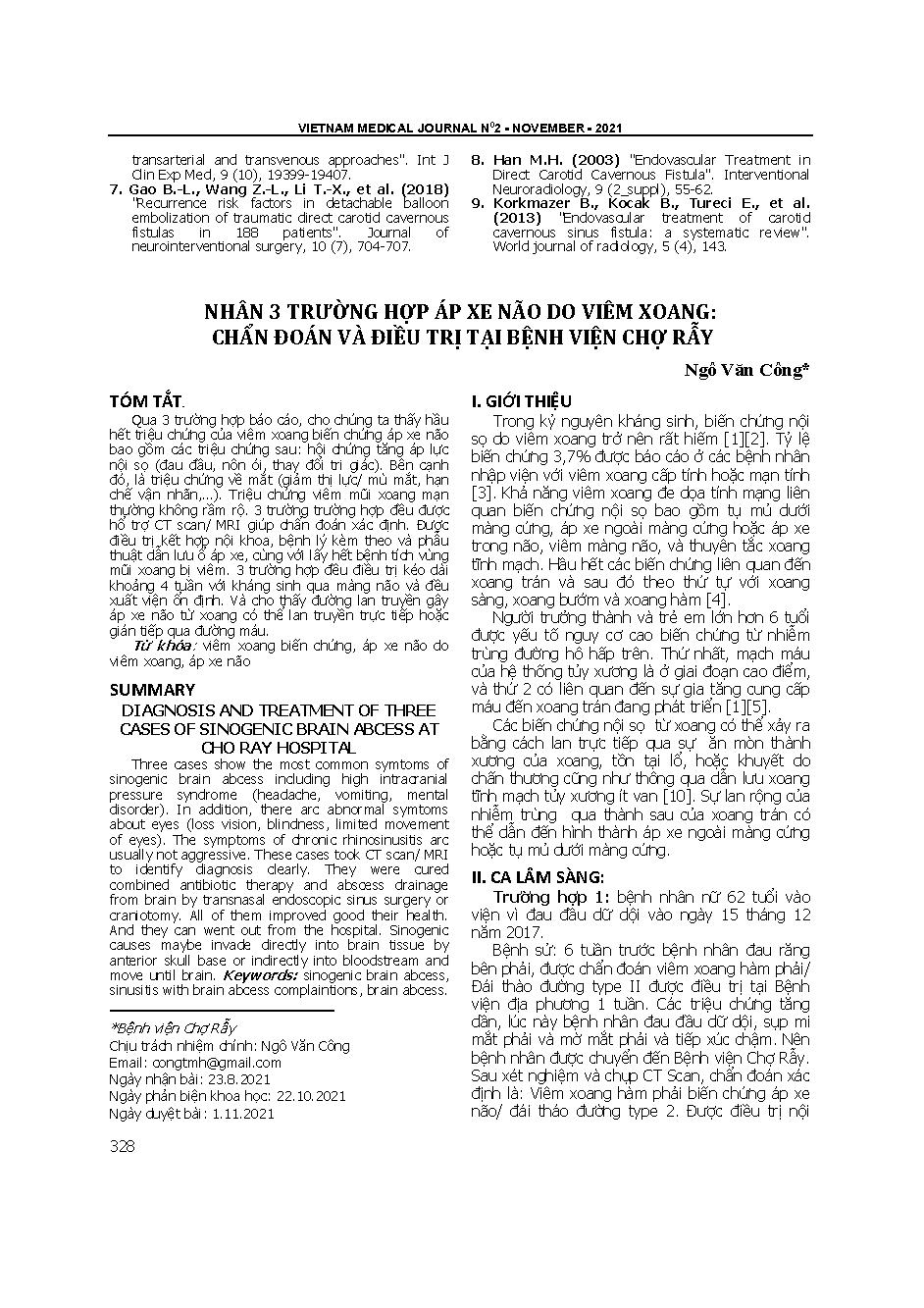 Nhân 3 trường hợp áp xe não do viêm xoang: Chẩn đoán và điều trị tại Bệnh viện Chợ Rẫy = Diagnosis and treatment of three cases of sinogenic brain abscess at Cho Ray hospital