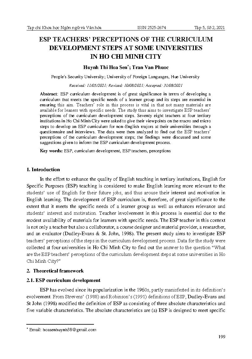 Nhận thức của giáo viên tiếng Anh chuyên ngành về các bước xây dựng chương trình tại một số trường đại học trên địa bàn thành phố Hồ Chí Minh = ESP teachers’ perceptions of the curriculum development steps at some universities in Ho Chi Minh city