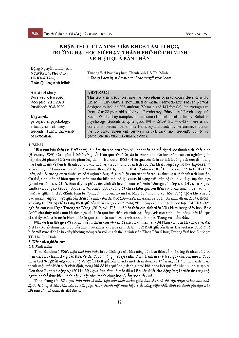 Nhận thức của sinh viên khoa tâm lí học, trường Đại học Sư phạm Thành phố Hồ Chí Minh về hiệu quả bản thân = Students' awareness of psychology department, Ho Chi Minh City University of Education about their own effectiveness