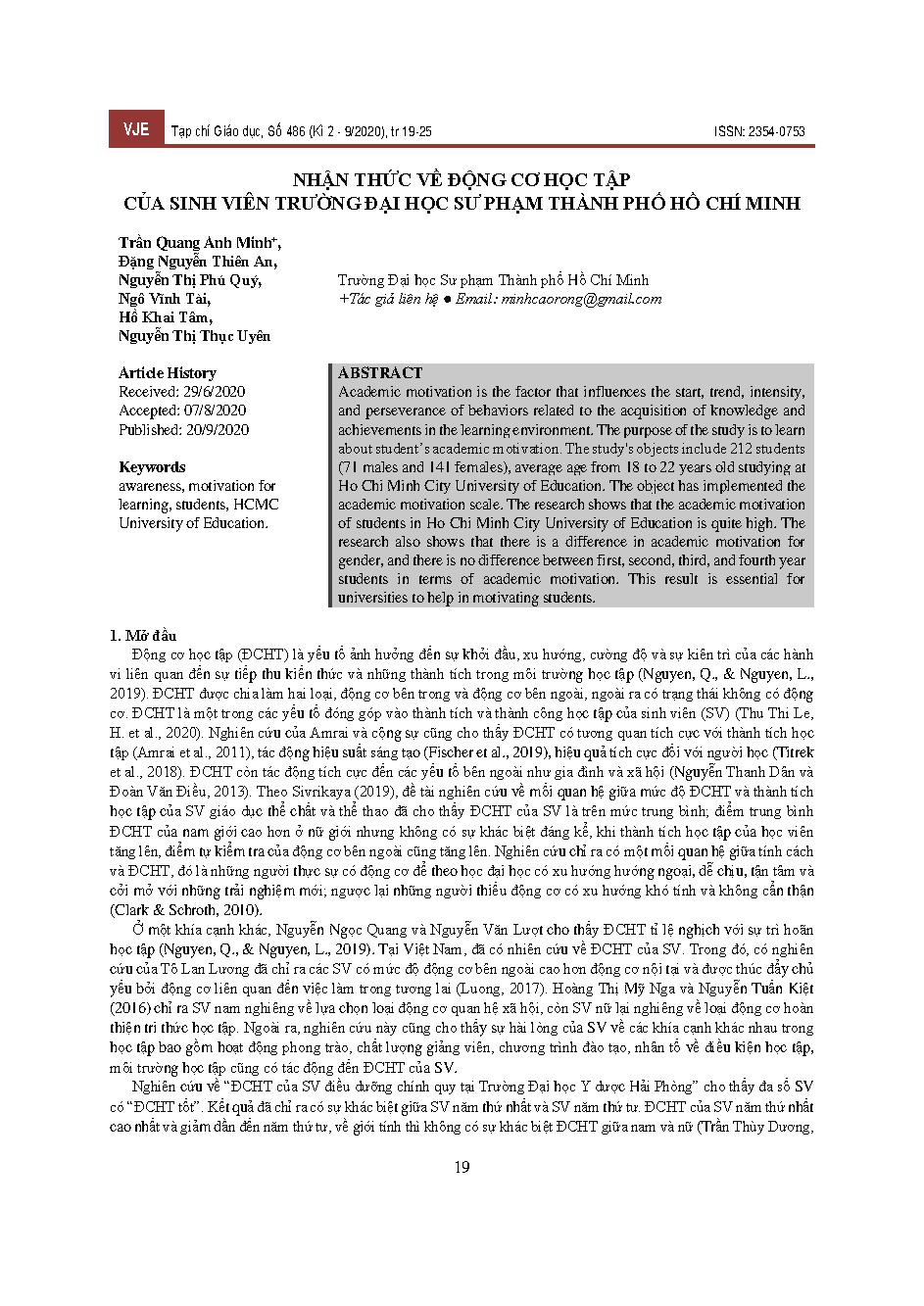Nhận thức về động cơ học tập của sinh viên trường Đại học Sư phạm Thành phố Hồ Chí Minh = Awareness of the learning motivation of students of Ho Chi Minh City Pedagogical University