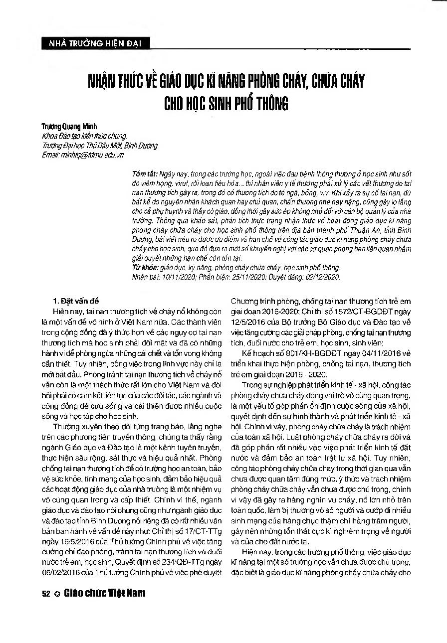 Nhận thức về giáo dục kỹ năng phòng cháy, chữa cháy cho học sinh phổ thông = Raising awareness of fire prevention skills education forthe students of general education schools, Binh Duong province
