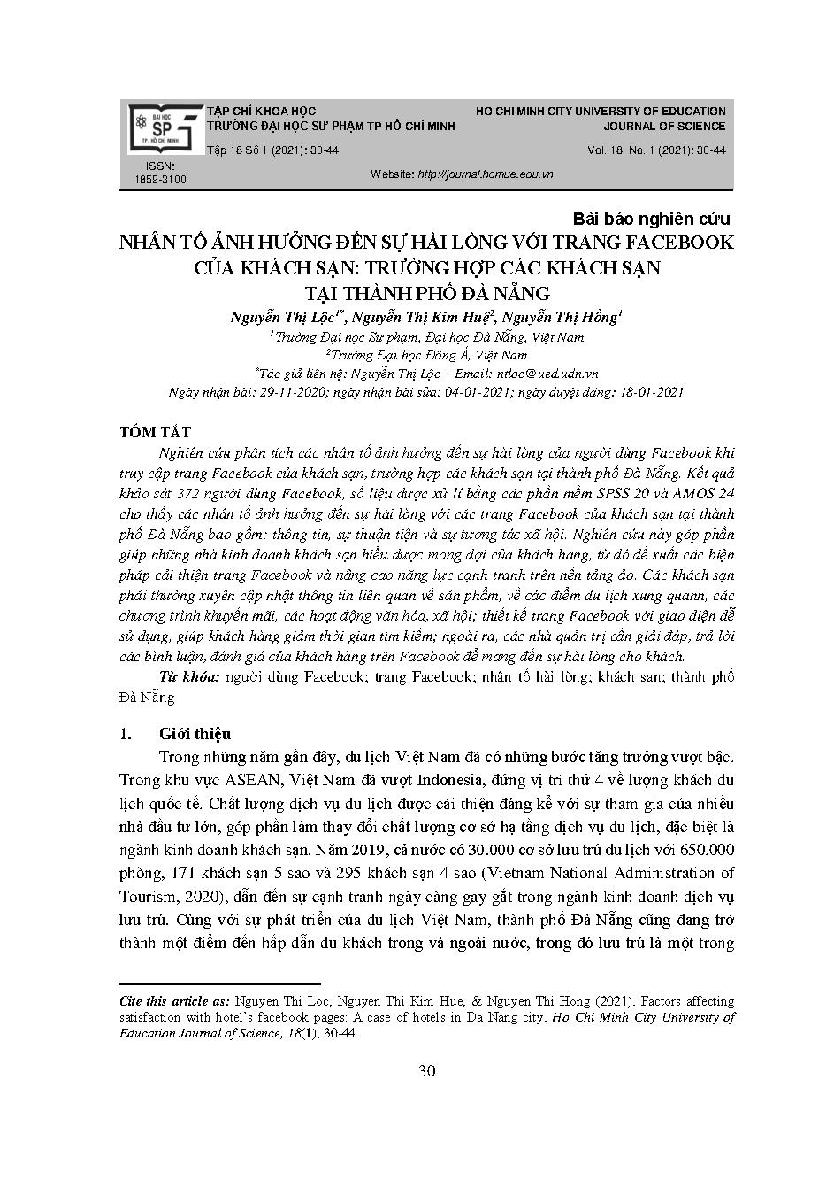 Nhân tố ảnh hưởng đến sự hài lòng với trang facebook của khách sạn: trường hợp các khách sạn tại thành phố Đà Nẵng = Factors affecting satisfaction with hotel’s facebook pages: a case of hotels in Da Nang city