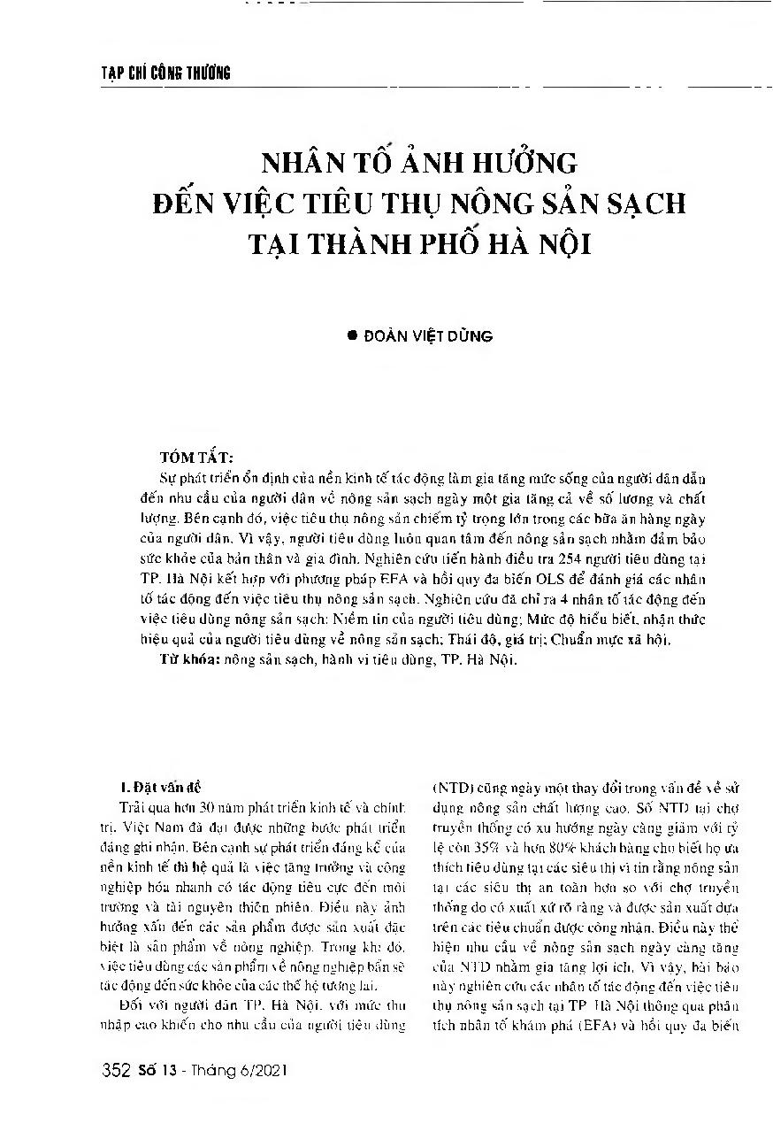Nhân tố ảnh hưởng đến việc tiêu thụ nông sản sạch tại Thành phố Hà Nội = Factors affecting the consumption of clean agricultural products in Hanoi