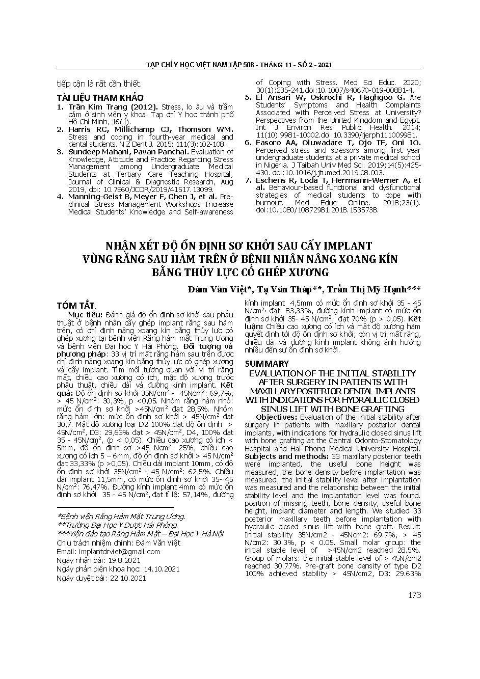 Nhận xét độ ổn định sơ khởi sau cấy implant vùng răng sau hàm trên ở bệnh nhân nâng xoang kín bằng thủy lực có ghép xương = Evaluation of the initial stability after surgery in patients with maxillary posterior dental implants with indications for hydraulic closed sinus lift with bone grafting