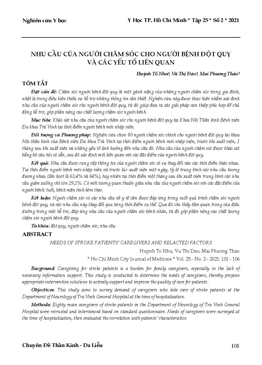 Nhu cầu của người chăm sóc cho người bệnh đột quỵ và các yếu tố liên quan = Needs of stroke patients’ caregivers and relacted factors