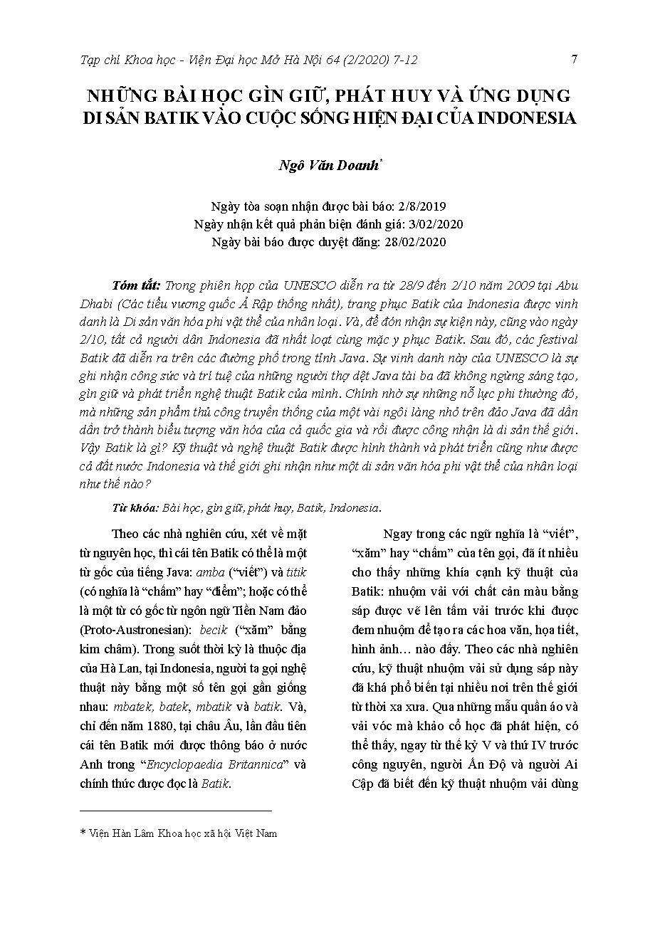 Những bài học gìn giữ, phát huy và ứng dụng di sản Batik vào cuộc sống hiện đại của Indonesia = The lessons of preserving, promoting and applying Batik heritage in modern life of Indonesia