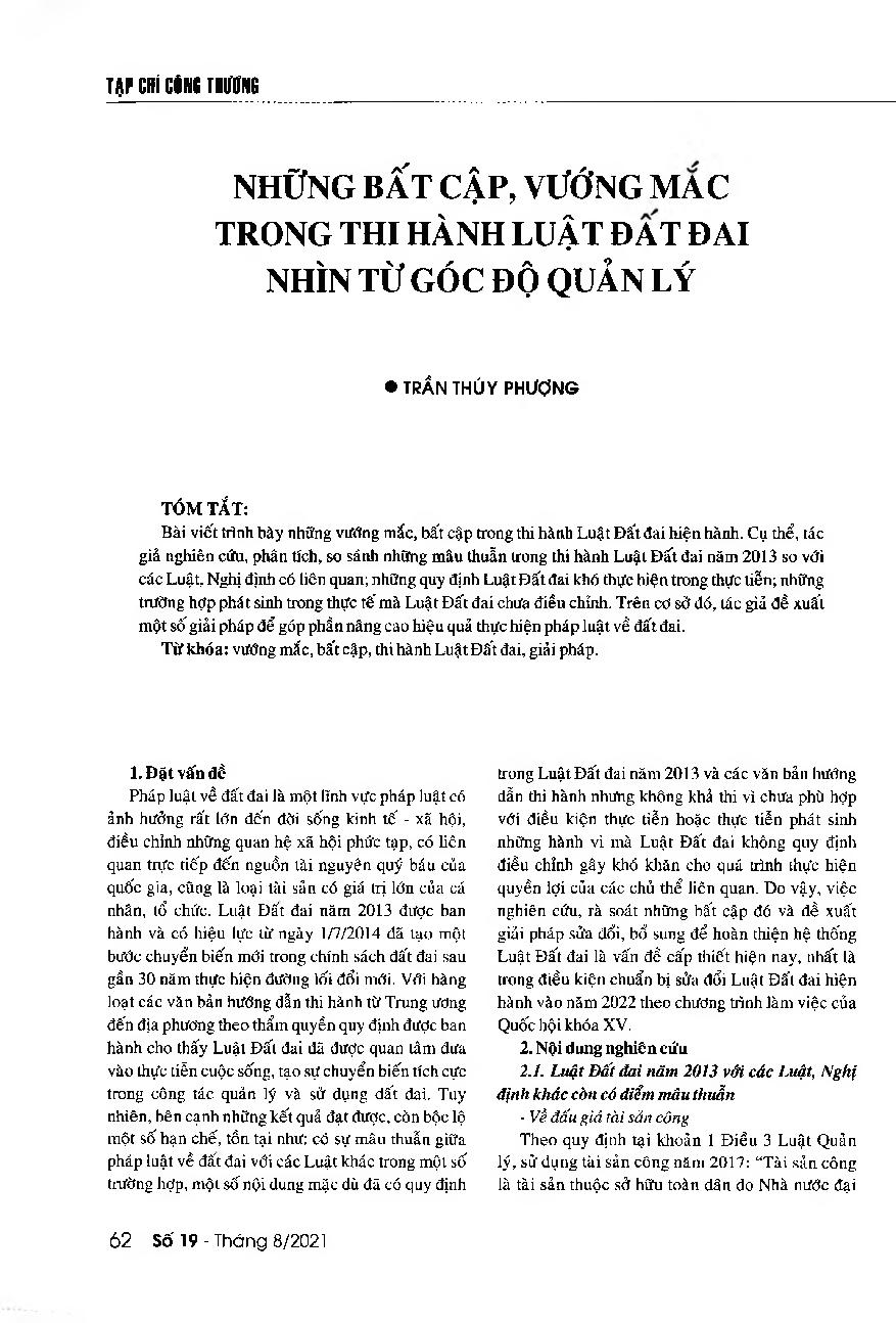 Những bất cập vướng mắc trong thi hành Luật Đất đai nhìn từ góc độ quản lí = Some shortcomings and difficulties in the implementation of the 2013 Law on Land