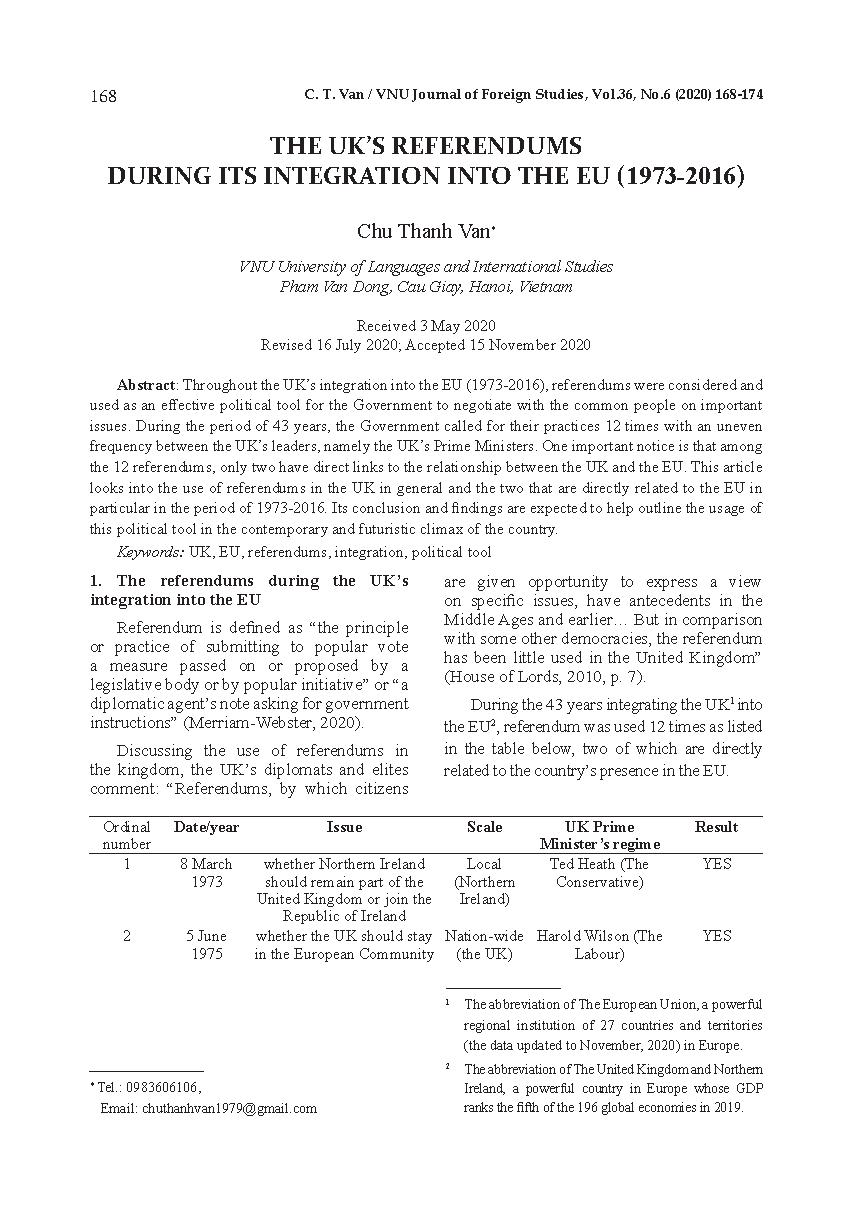 Những cuộc trưng cầu dân ý của nước Anh trong thời kỳ hội nhập EU (1973-2016) = The UK’s referendums during its integration into the EU (1973-2016)