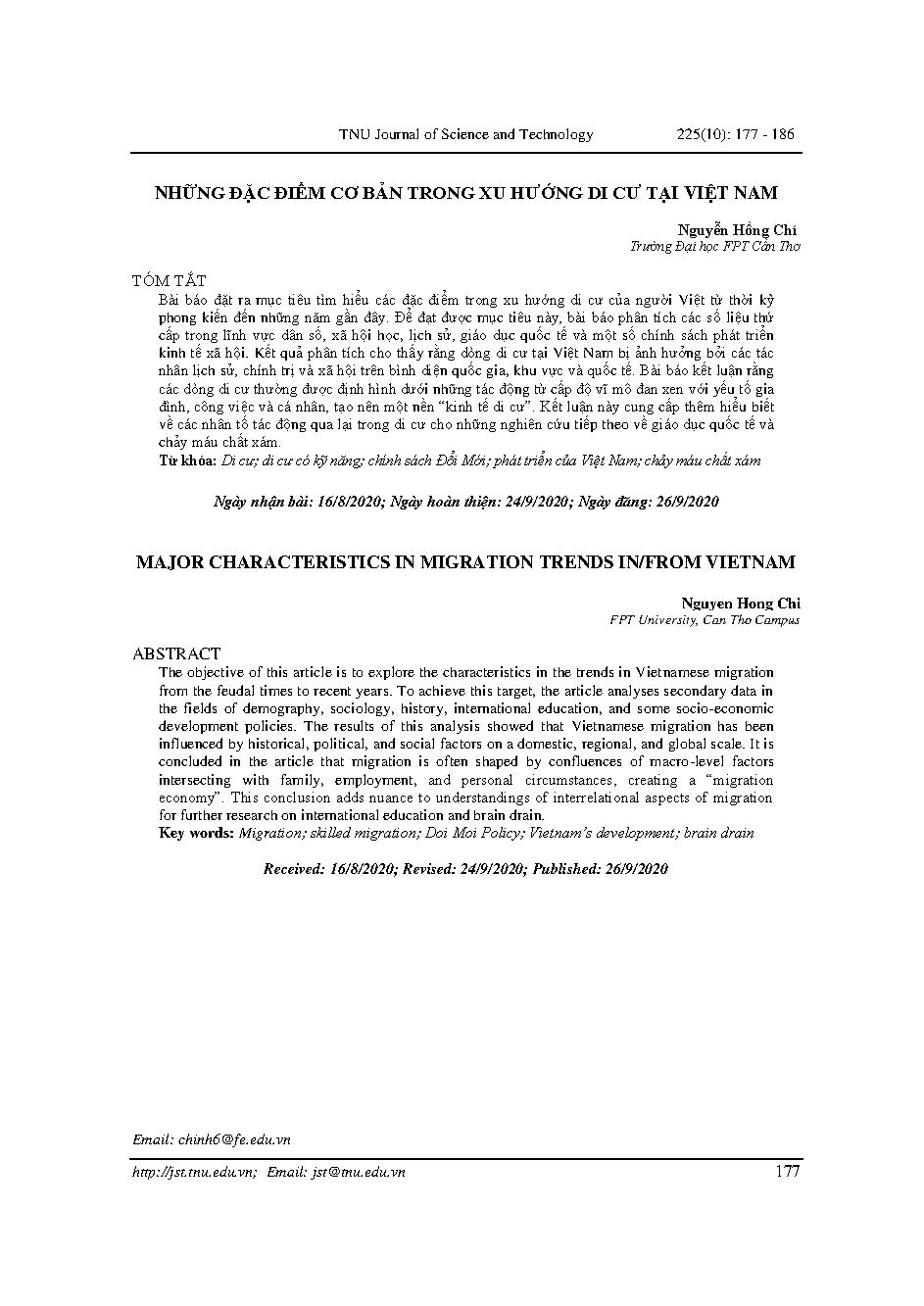 Những đặc điểm cơ bản trong xu hướng di cư tại Việt Nam = Major characteristics in migration trends in/from Vietnam