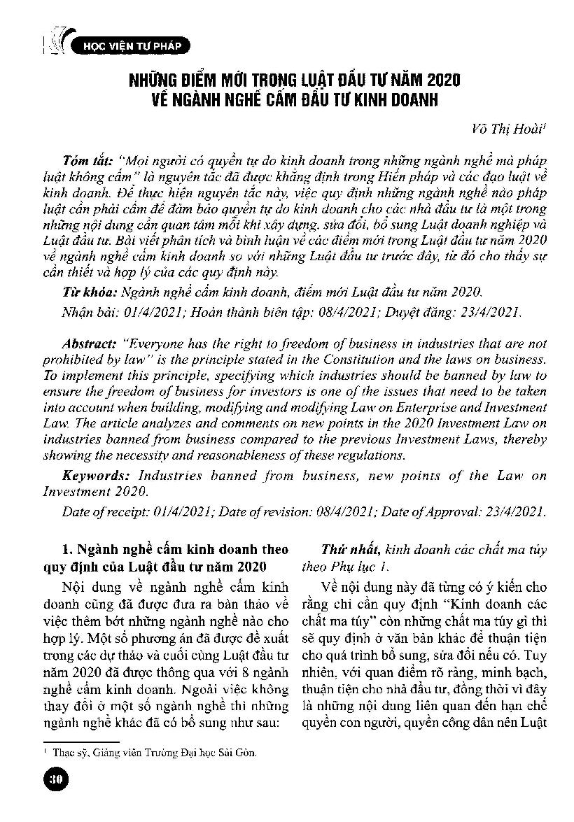 Những điểm mới trong Luật Đầu tư năm 2020 về ngành nghề cấm đầu tư kinh doanh = New points in the Law on Investment in 2020 on prohibited business lines