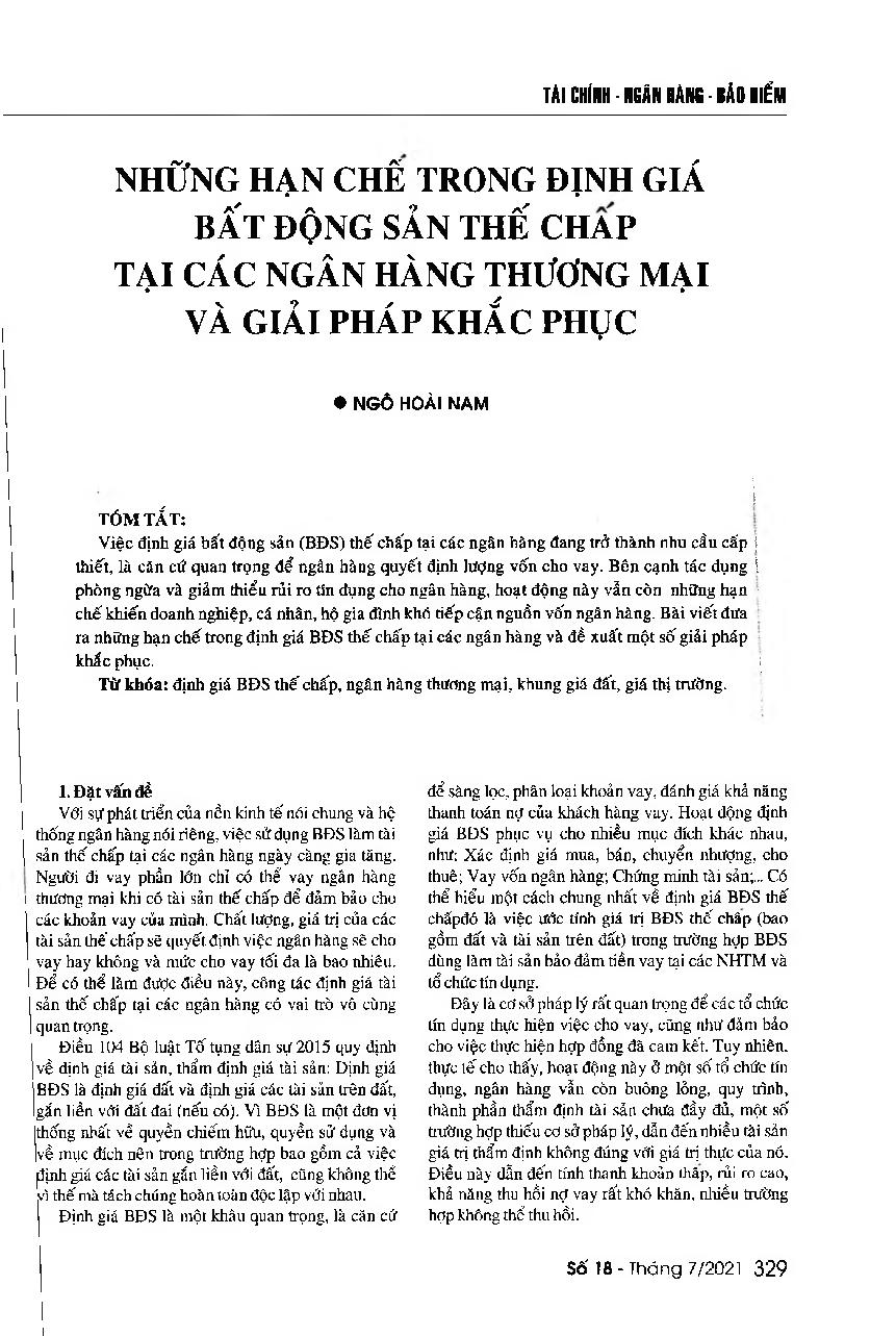 Những hạn chế trong định giá bất động sản thế chấp tại các ngân hàng thương mại và giải pháp khắc phục = Some shortcomings of Vietnamese commercial bank’s mortgage valuation and solutions