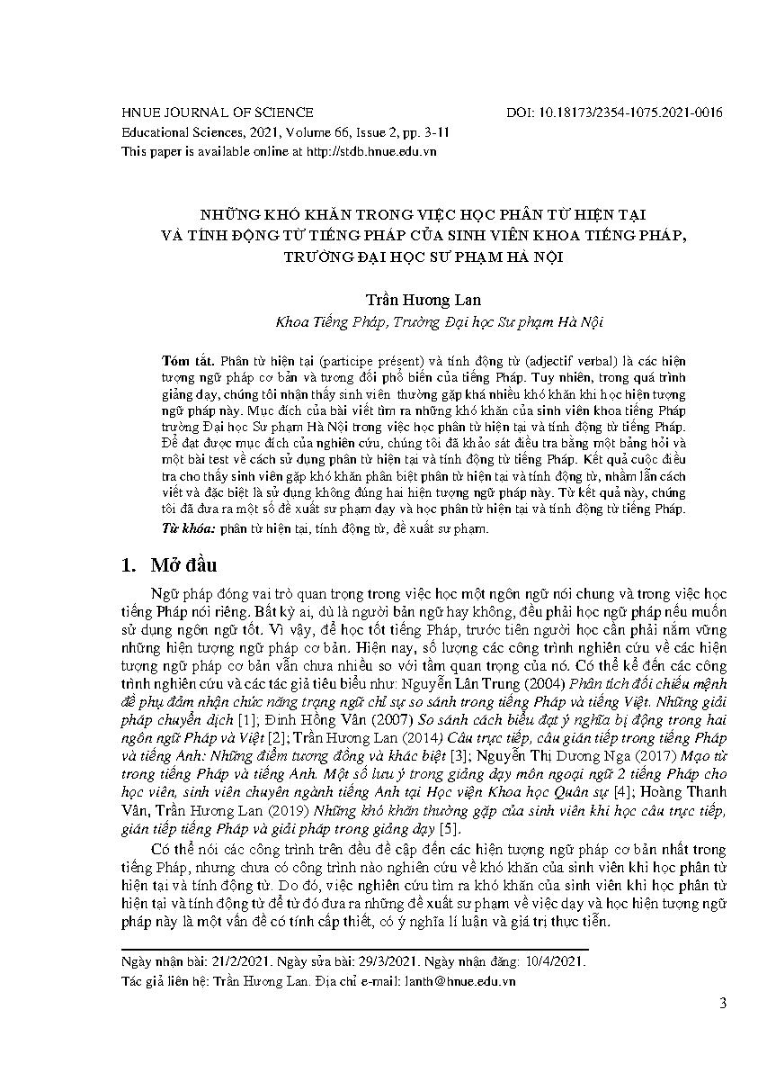 Những khó khăn trong việc học phân từ hiện tại và tính động từ tiếng pháp của sinh viên khoa tiếng Pháp, trường đại học sư phạm Hà Nội = Difficulties of students of the French department of Hanoi National University of Education while distinguishing between present participle and verbal adjective