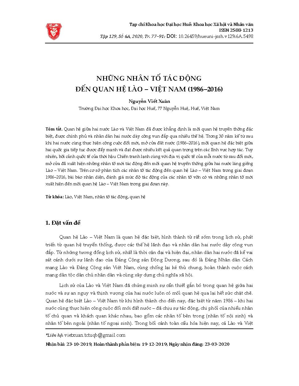 Những nhân tố tác động đến quan hệ Lào – Việt Nam (1986–2016) = Factors affecting Laos – Vietnam relations (1986–2016)
