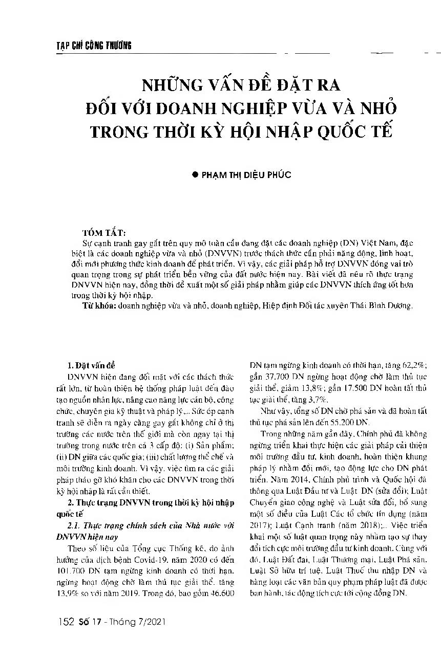 Những vấn đề đặt ra đối vơi doanh nghiệp vừa và nhỏ trong thời kỳ hội nhập = Challenges faced by small and medium-sized enterprise in Vietnam during the country's international integration process
