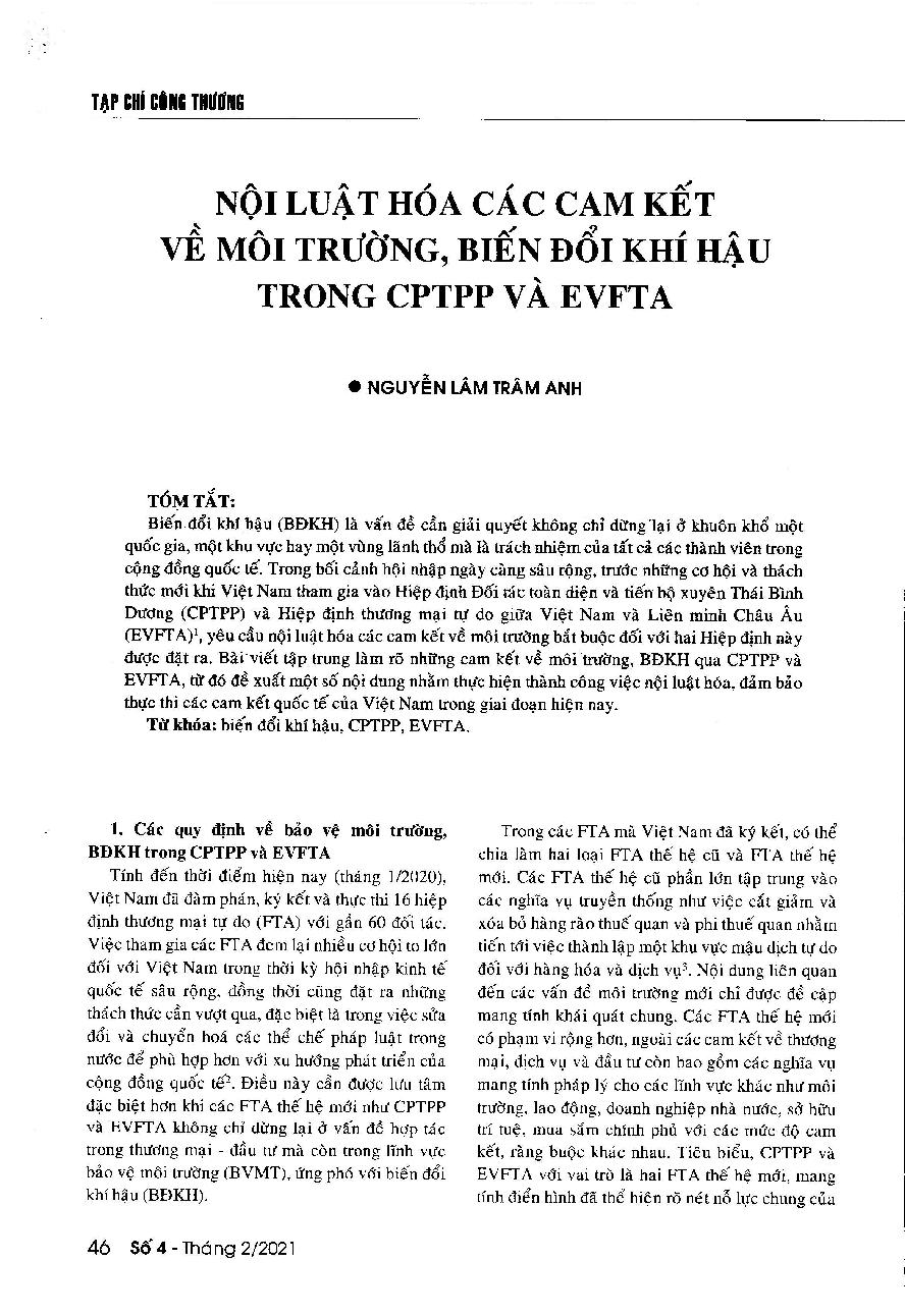 Nội luật hóa các cam kết về môi trường, ứng phó biến đổi khí hậu trong CPTPP và EVFTA = Incorporating environmental and climate change commitments under the CPTPP and EVFTA into Vietnamese laws
