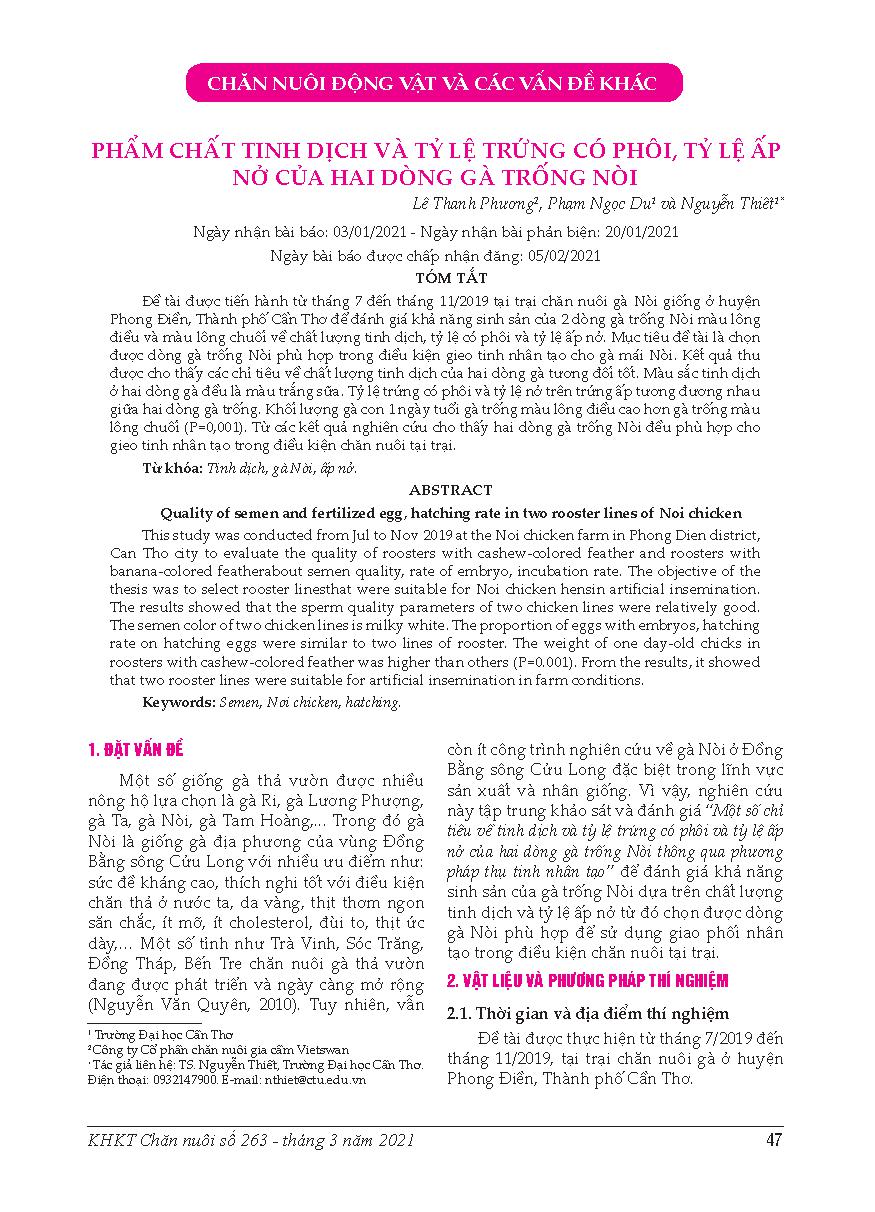 Phẩm chất tinh dịch và tỷ lệ trứng có phôi, tỷ lệ ấp nở của hai dòng gà trống nòi = Quality of semen and fertilized egg, hatching rate in two rooster lines of Noi chicken