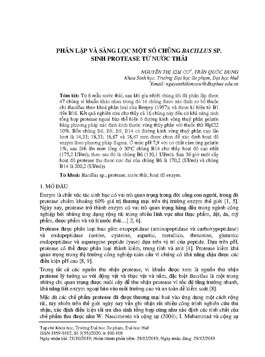 Phân lập và sàng lọc một số chủng Bacillus sp. sinh protease từ nước thải = Isolation and screening of Bacillus sp. strains for biosynthesis of protease from wastewater