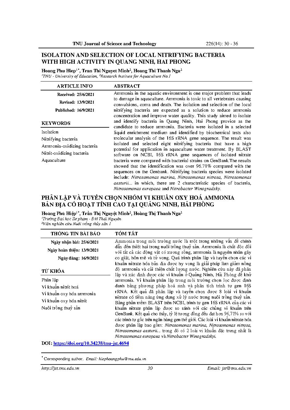 Phân lập và tuyển chọn nhóm vi khuẩn oxy hóa ammonia bản địa có hoạt tính cao tại Quảng Ninh, Hải Phòng = Isolation and selection of local nitrifying bacteria with high activity in Quang Ninh, Hai Phong