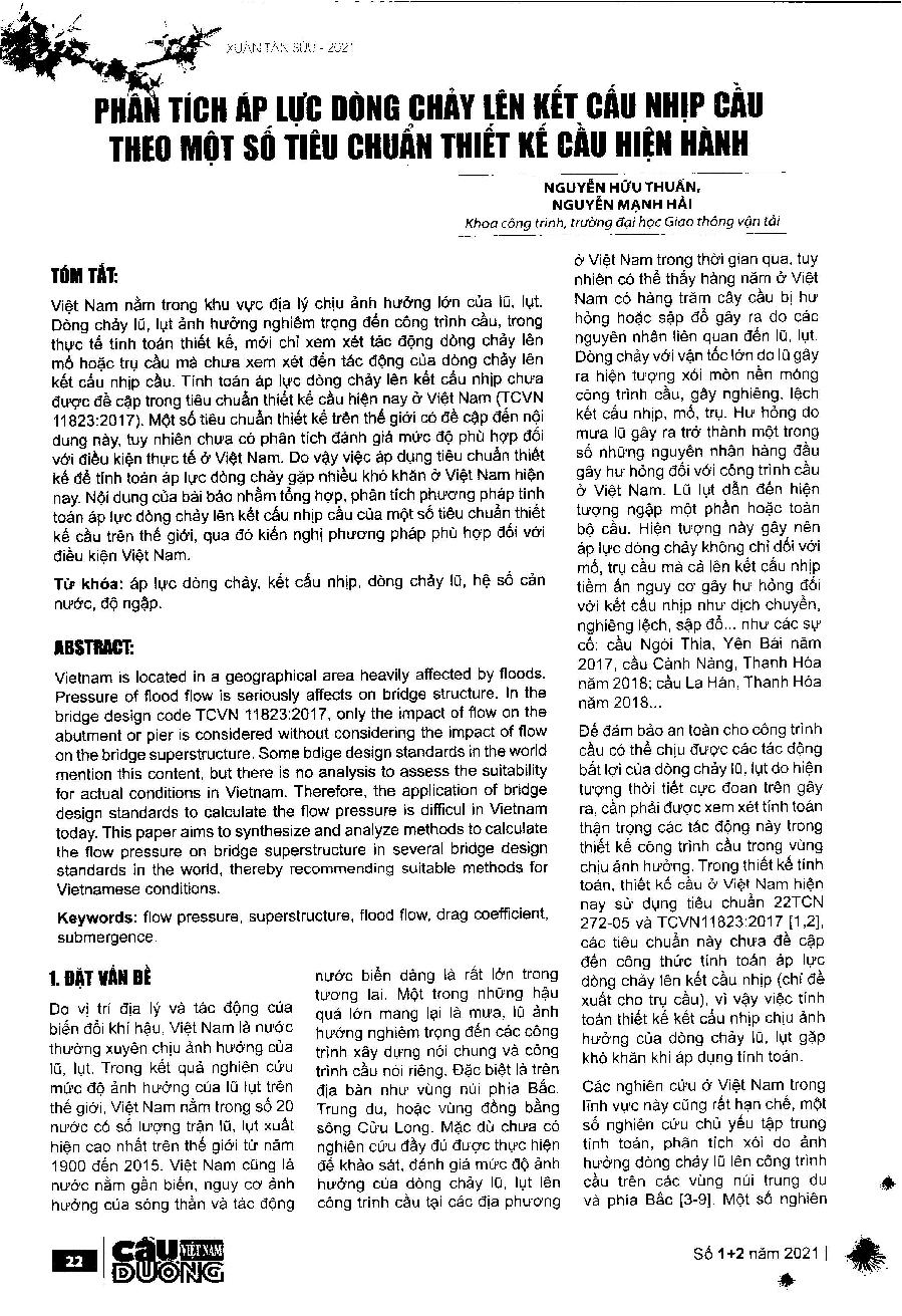 Phân tích áp lực dòng chảy lên kết cấu nhịp cầu theo một số tiêu chuận thiết kế cầu hiện hành = Analysis of flooding flow pressure on bridge superstructure in some current bridge design standards
