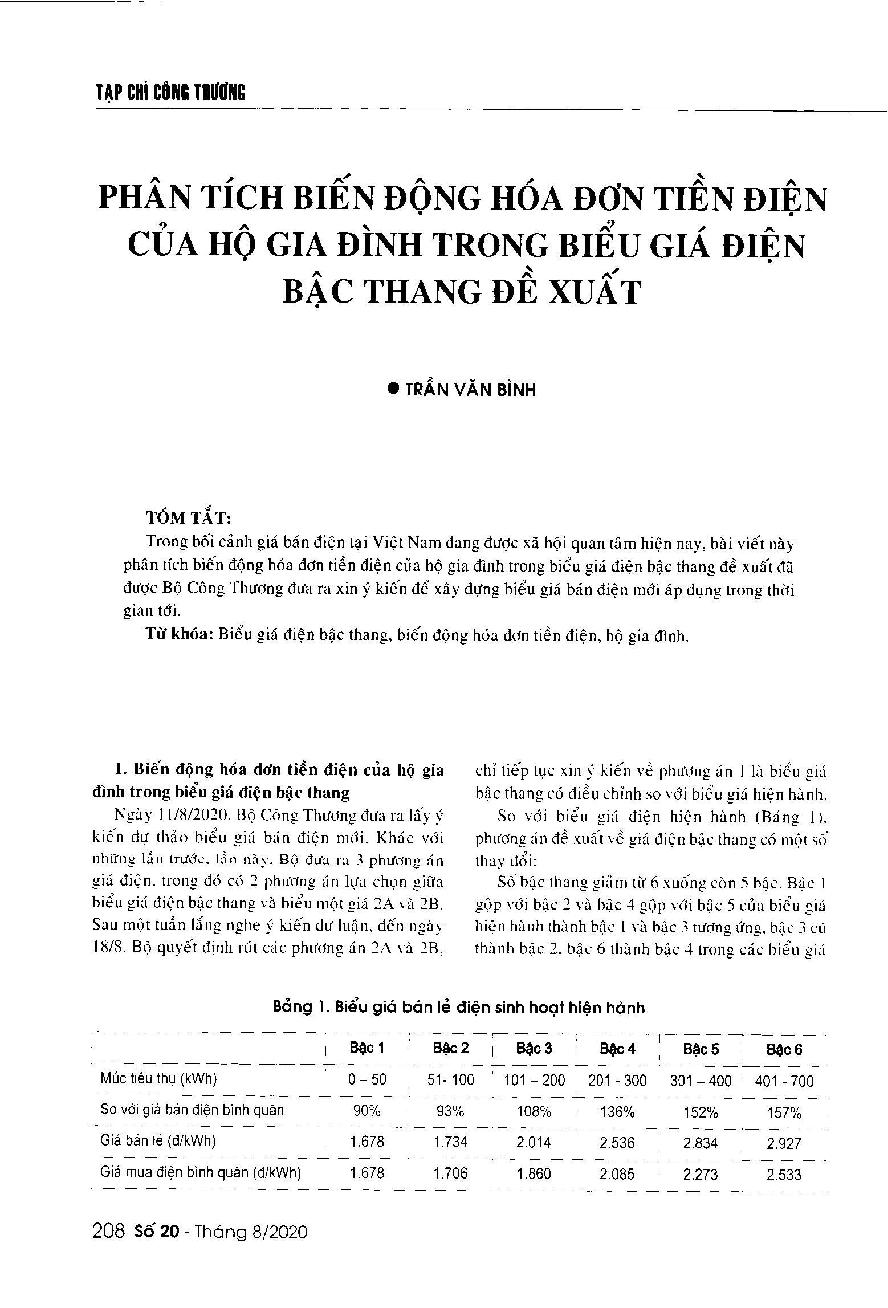 Phân tích biến động hóa đơn tiền điện của hộ gia đình trong biểu giá điện bậc thang đề xuất = Analyzing the fluctuation in household electricity bills according to the proposed ladder electricity tariff