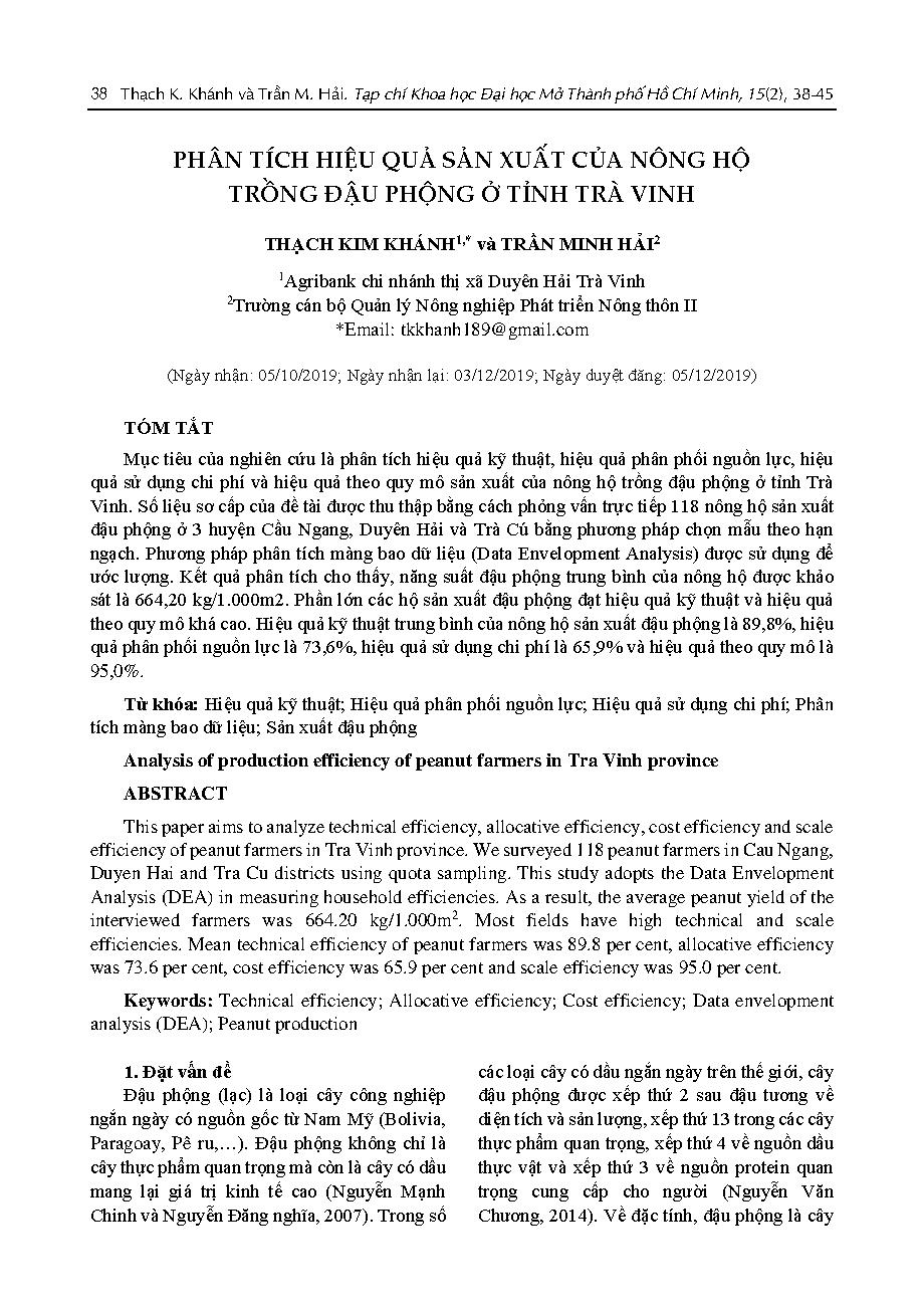 Phân tích hiệu quả sản xuất của nông hộ trồng đậu phộng ở tỉnh Trà Vinh = Analysis of production efficiency of peanut farmers in Tra Vinh province