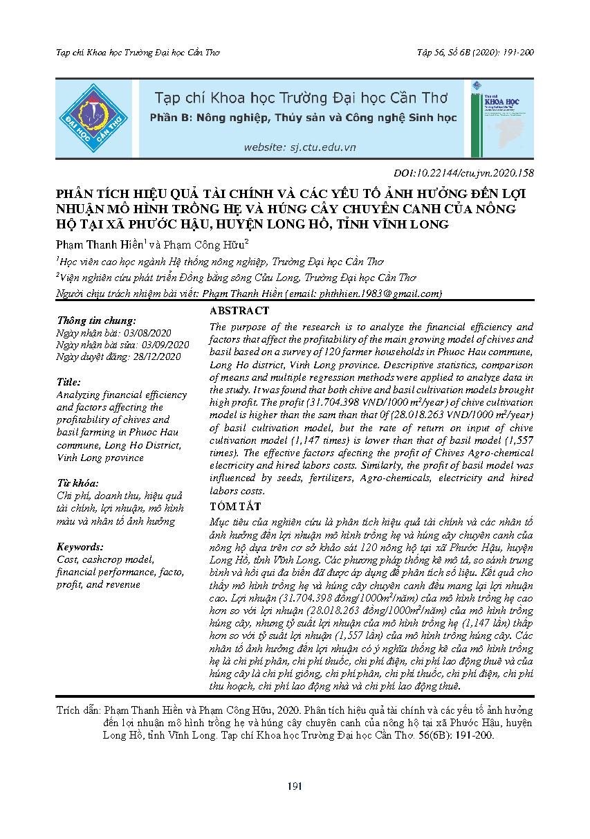 Phân tích hiệu quả tài chính và các yếu tố ảnh hưởng đến lợi nhuận mô hình trồng hẹ và húng cây chuyên canh của nông hộ tại xã Phước Hậu, huyện Long Hồ, tỉnh Vĩnh Long = Analyzing financial efficiency and factors affecting the profitability of chives and basil farming in Phuoc Hau commune, Long Ho District, Vinh Long province